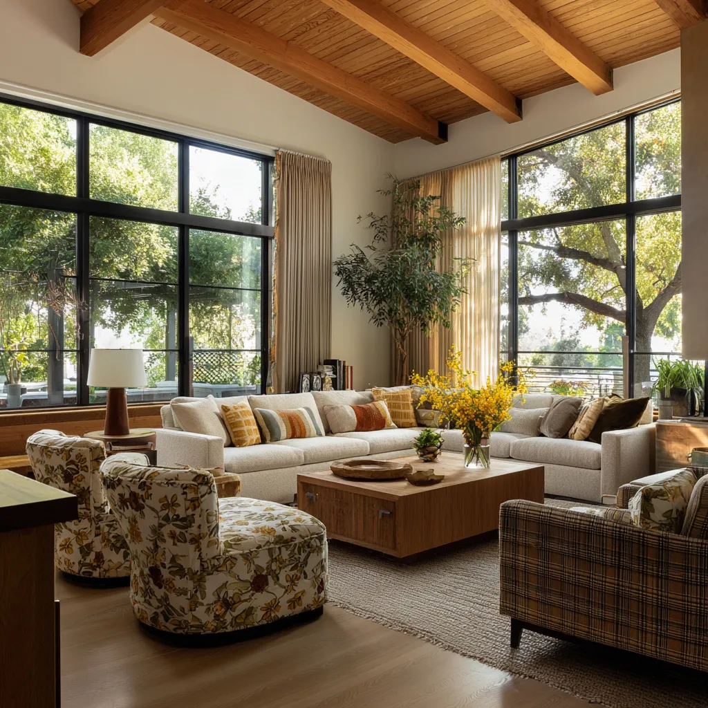 Contemporary Grandmillennial living room design with timber beam ceiling, black-framed windows, pale sectional, floral and plaid seating Contemporary Grandmillennial living room design with timber beam ceiling, black-framed windows, pale sectional, floral and plaid seating