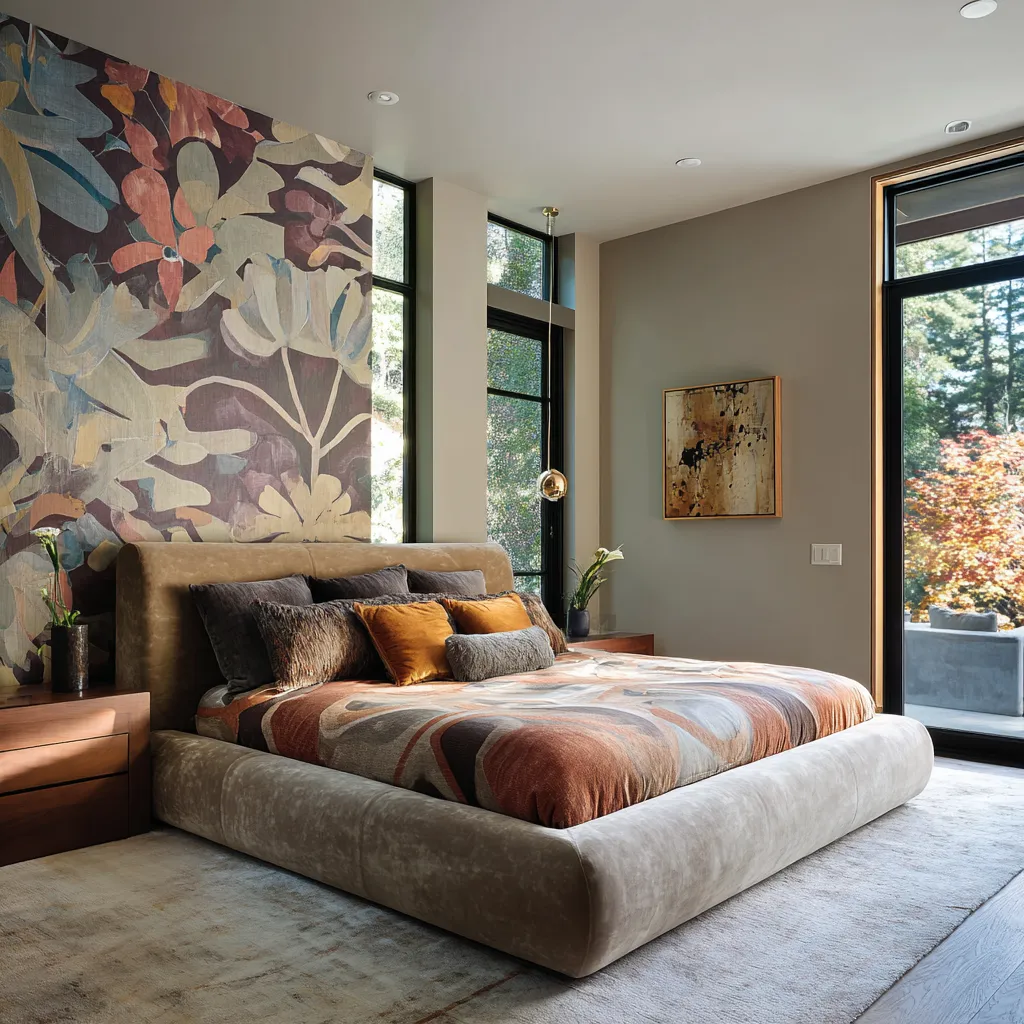 Contemporary bedroom with a mural-scale floral abstraction, low rounded upholstered bed, patterned earth-toned bedding