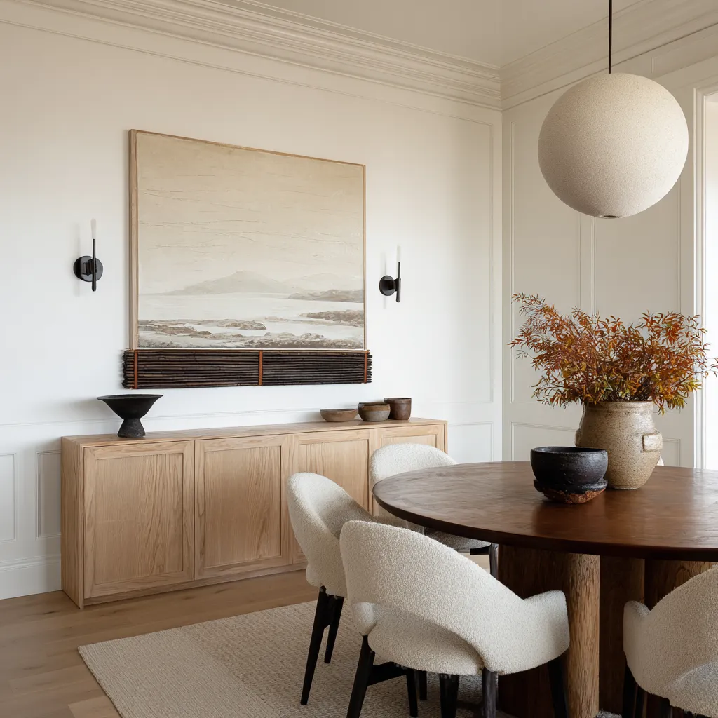 Contemporary coastal dining room design idea with a muted shoreline artwork, dark reed-like wall detail, pale oak sideboard Contemporary coastal dining room design idea with a muted shoreline artwork, dark reed-like wall detail, pale oak sideboard