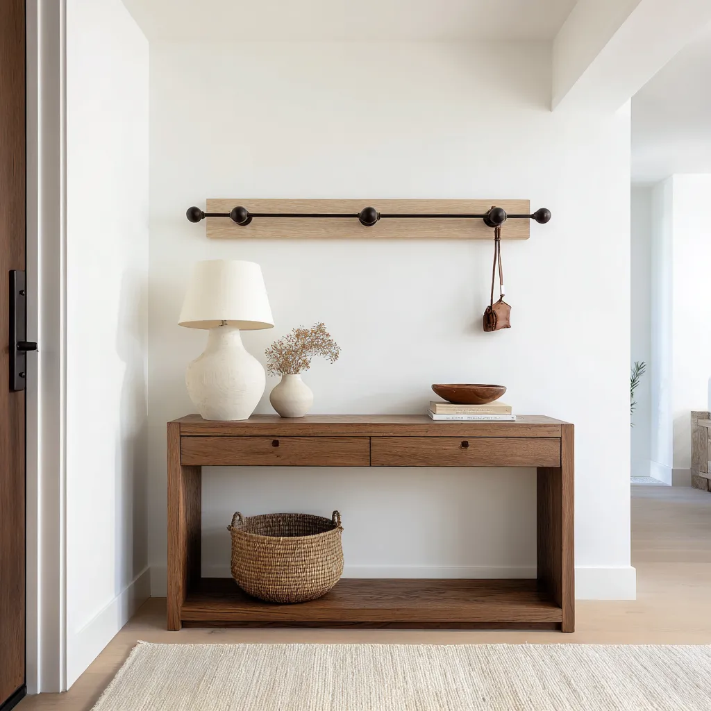 Contemporary coastal entryway design idea with pale hook rail, dark wood console, ceramic lamp Contemporary coastal entryway design idea with pale hook rail, dark wood console, ceramic lamp