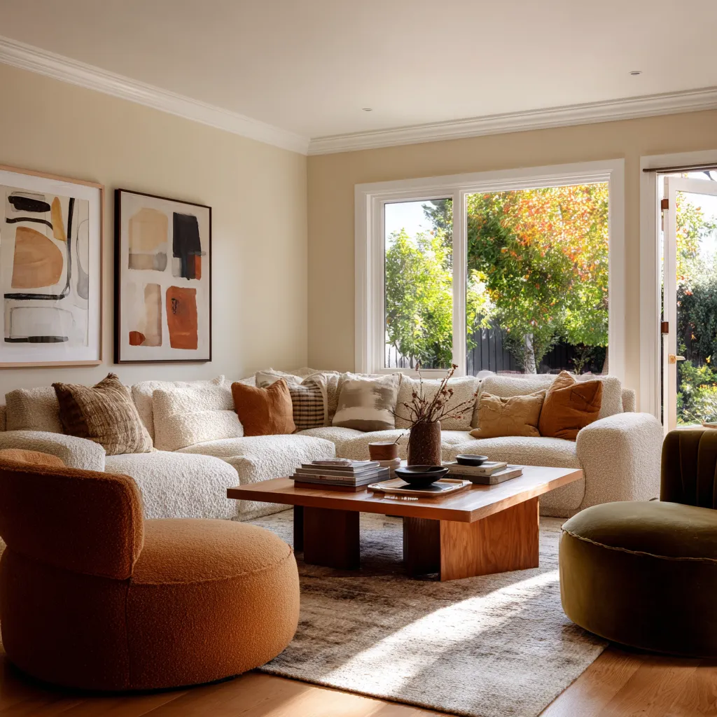 Contemporary cozy living room with an oversized cream boucle sectional, warm wood coffee table, rust accent chair