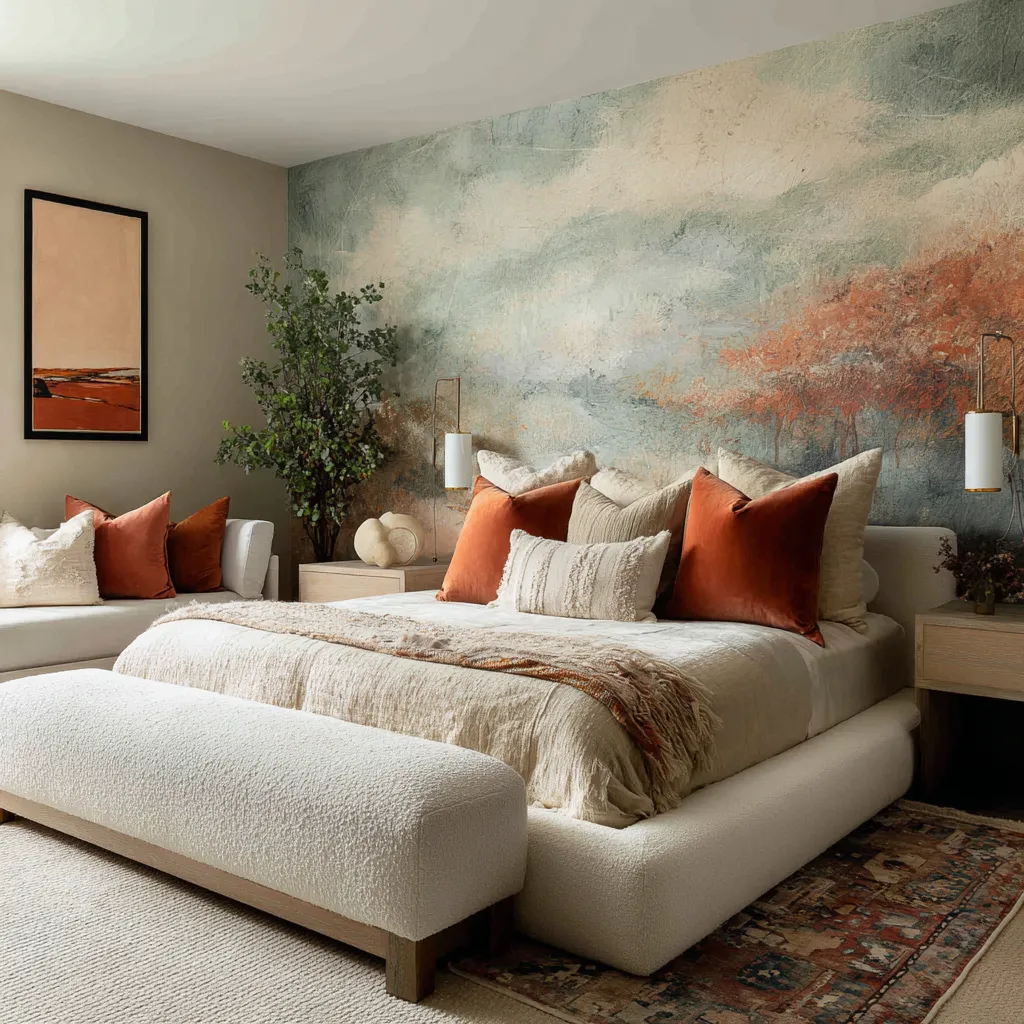 Contemporary maximalist bedroom centered on a blackened oak canopy-like frame and very dark emerald inset wall, with geometric abstract art Contemporary maximalist bedroom centered on a blackened oak canopy-like frame and very dark emerald inset wall, with geometric abstract art