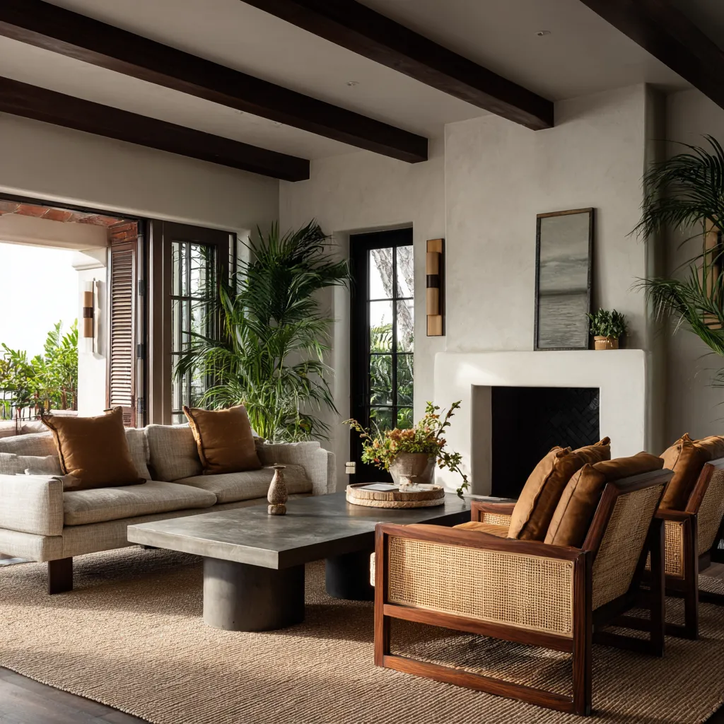 Contemporary tropical British colonial living room ideas with dark-beam enclosure, pale masonry relief, one cool-toned central table Contemporary tropical British colonial living room ideas with dark-beam enclosure, pale masonry relief, one cool-toned central table