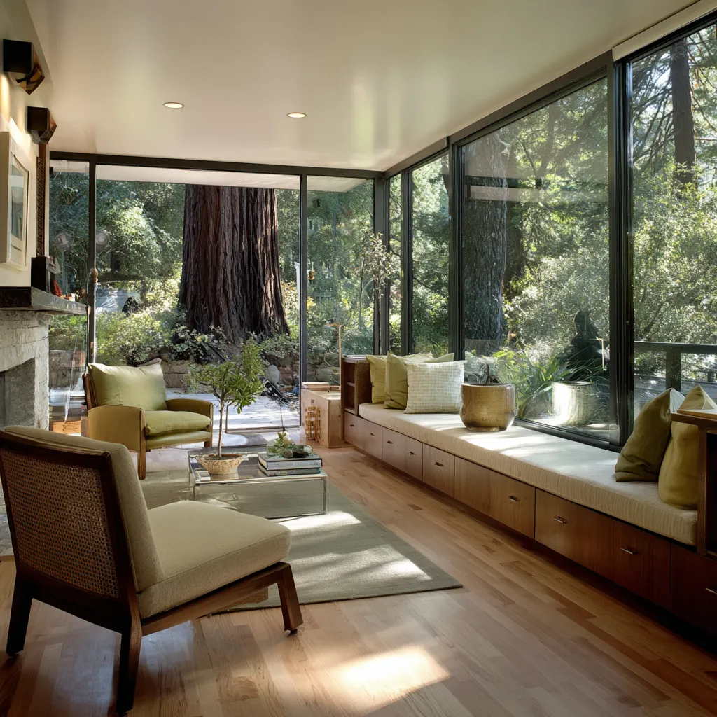 Cool Danish-inspired ranch living room design ideas with a long built-in window bench, dark window framing Cool Danish-inspired ranch living room design ideas with a long built-in window bench, dark window framing
