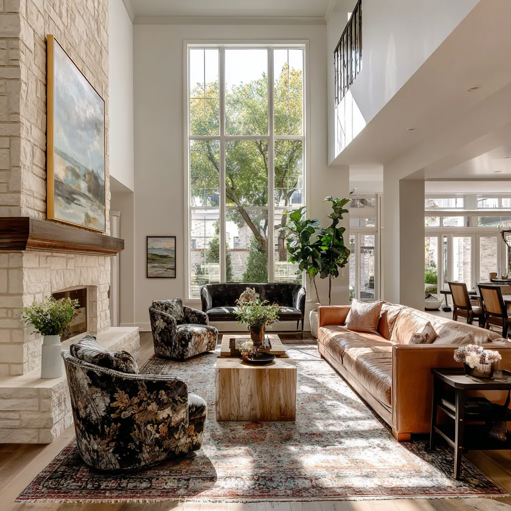 Cool Double-height grandmillennial living room with tall window wall, leather sofa, dark floral chairs, antique-style rug Cool Double-height grandmillennial living room with tall window wall, leather sofa, dark floral chairs, antique-style rug