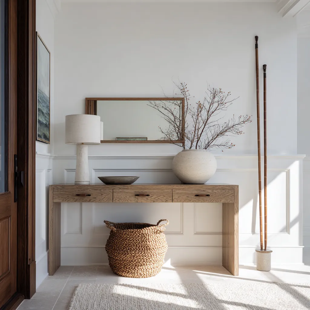Cool coastal entryway ideas with oak console, wall molding, horizontal mirror, woven basket Cool coastal entryway ideas with oak console, wall molding, horizontal mirror, woven basket