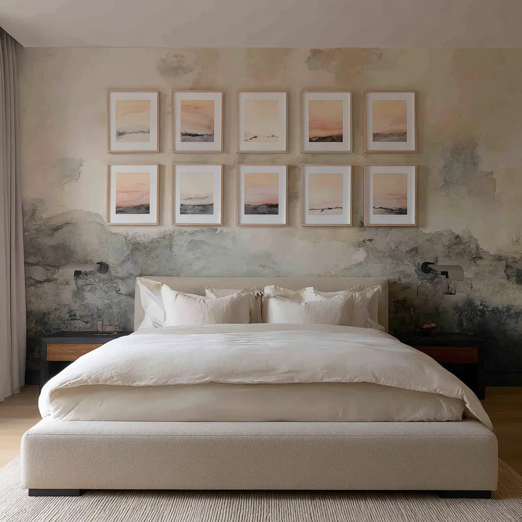 Cool decor ideas for above headboard with a loose salon-style gallery wall of small pale-framed artworks Cool decor ideas for above headboard with a loose salon-style gallery wall of small pale-framed artworks