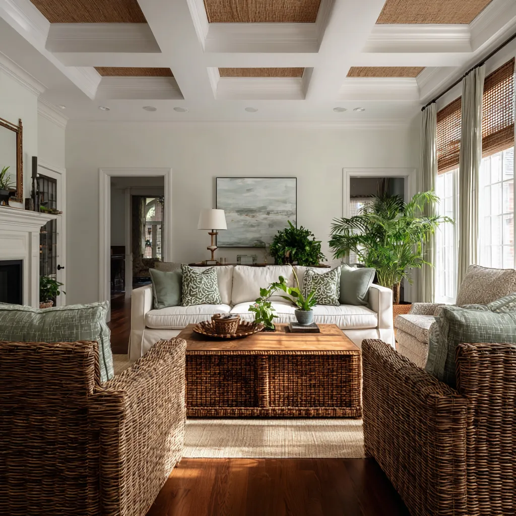 Cool living room design inspiration with a white coffered ceiling filled with woven panels, wicker armchairs Cool living room design inspiration with a white coffered ceiling filled with woven panels, wicker armchairs