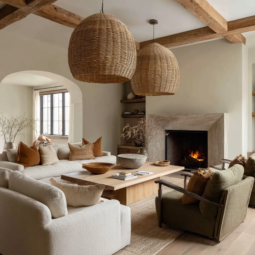 Cool rustic Scandinavian living room inspiration idea featuring exposed ceiling beams, oversized woven pendant lights Cool rustic Scandinavian living room inspiration idea featuring exposed ceiling beams, oversized woven pendant lights