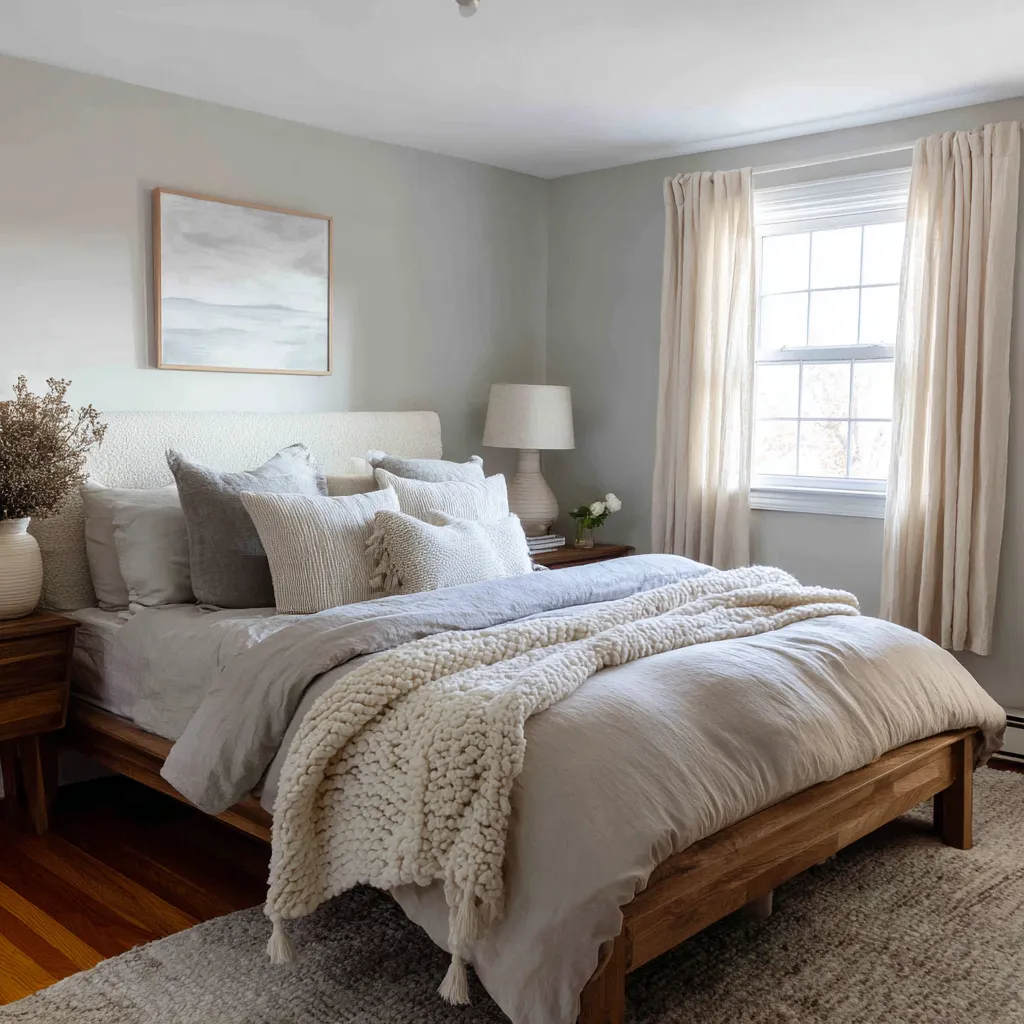 Cool-toned boho Scandinavian bedroom with a wide upholstered headboard, pale gray and ivory bedding Cool-toned boho Scandinavian bedroom with a wide upholstered headboard, pale gray and ivory bedding