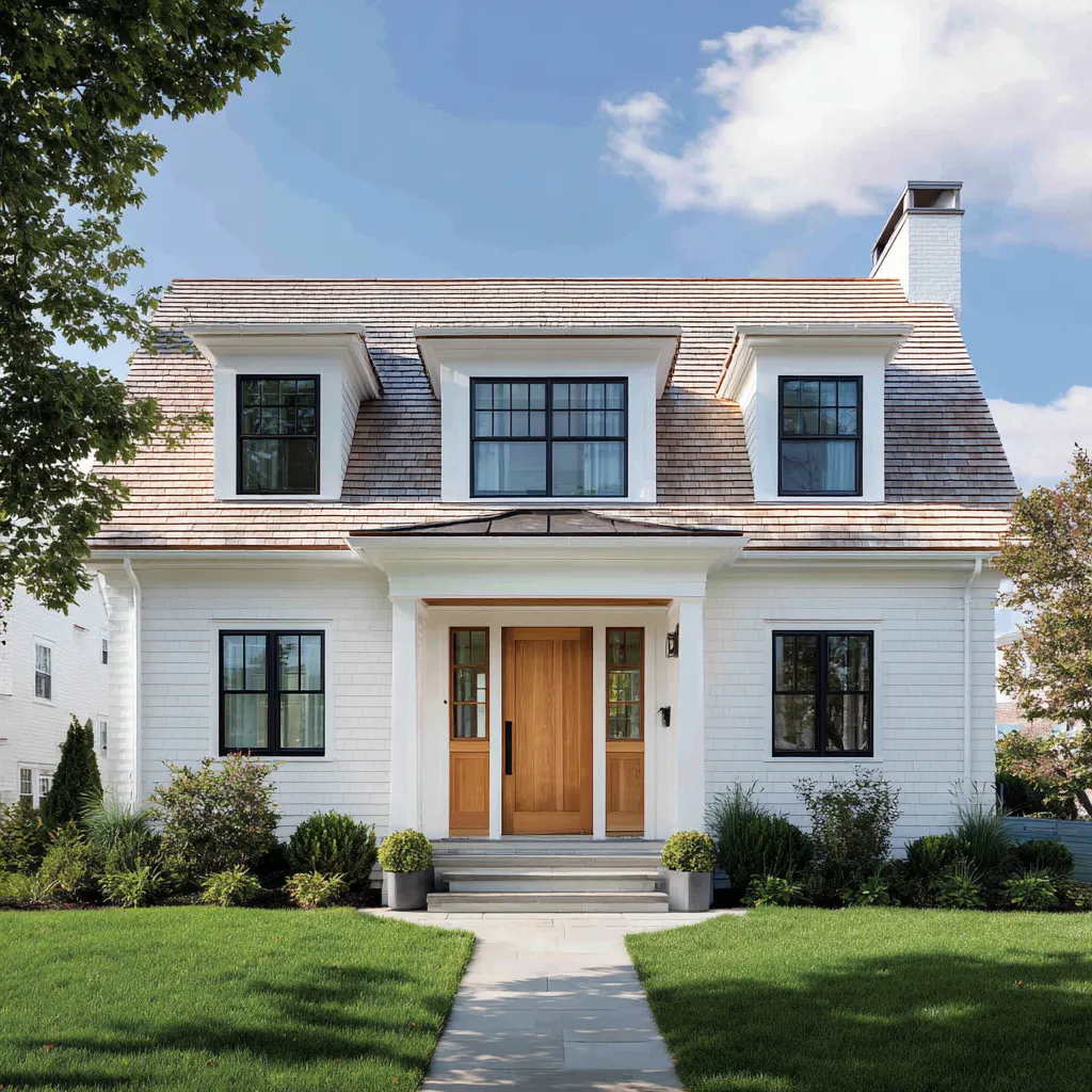 Cool wood front entry ideas with matching side panels centered in a white portico on a bright shingle house Cool wood front entry ideas with matching side panels centered in a white portico on a bright shingle house