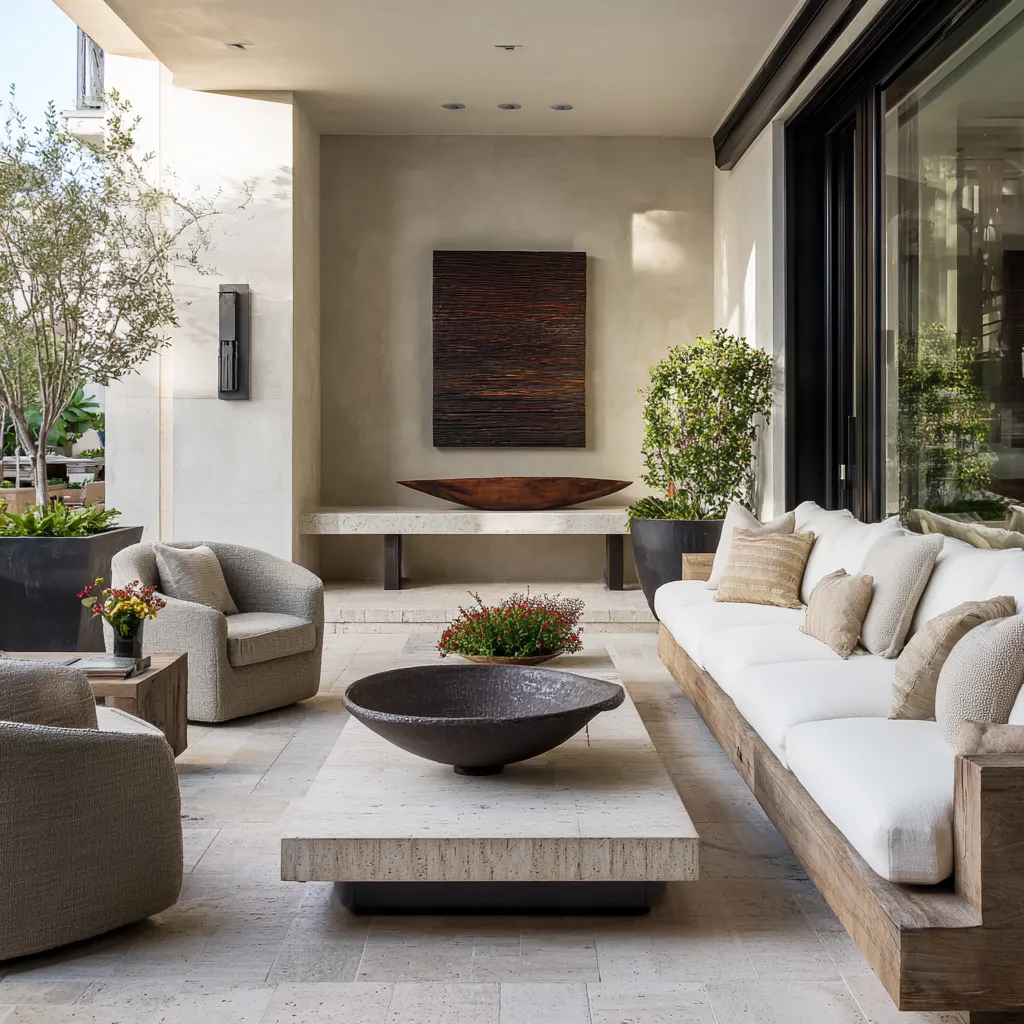 Covered patio design ideas with dark textured wall art, a carved bowl on a console, travertine-style flooring, deep timber framing, and restrained coastal styling