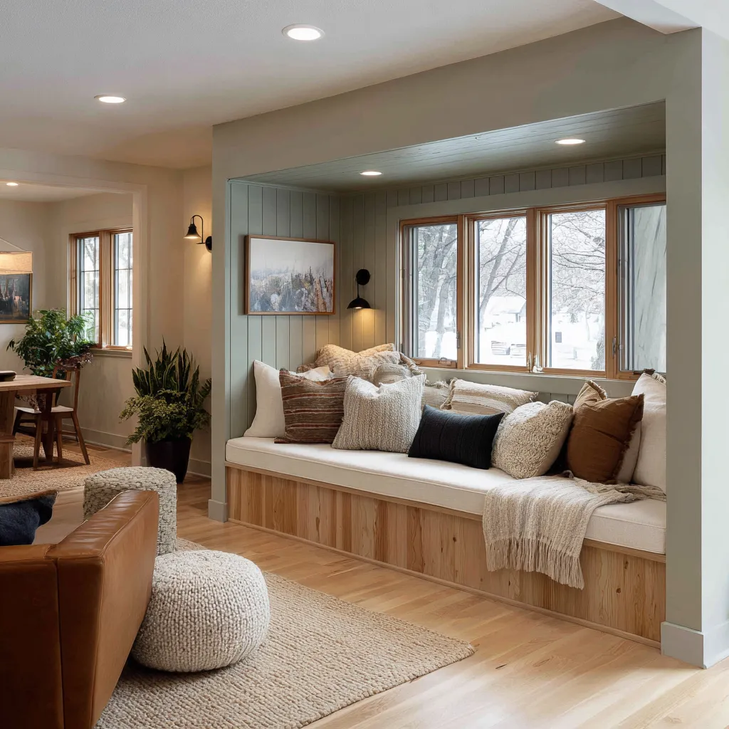 Cozy Norwegian-style family room inspiration with breakfast nook window bench alcove, layered pillows Cozy Norwegian-style family room inspiration with breakfast nook window bench alcove, layered pillows