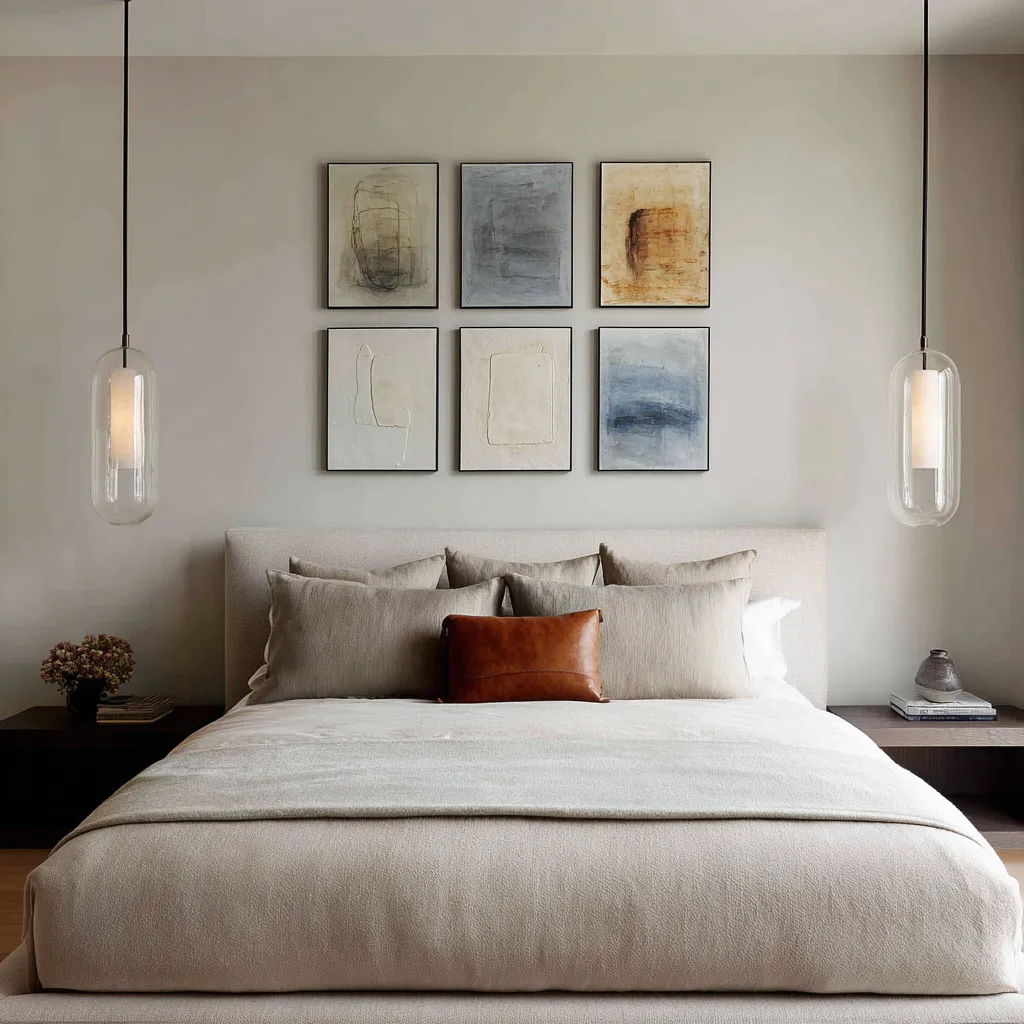 Cozy above bed decor with six slim black-framed abstract artworks centered between two glass pendant lights