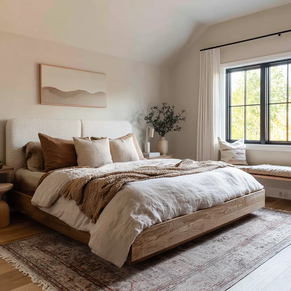 Cozy oat-and-walnut bedroom with a low wood platform bed, black-framed window, built-in bench Cozy oat-and-walnut bedroom with a low wood platform bed, black-framed window, built-in bench