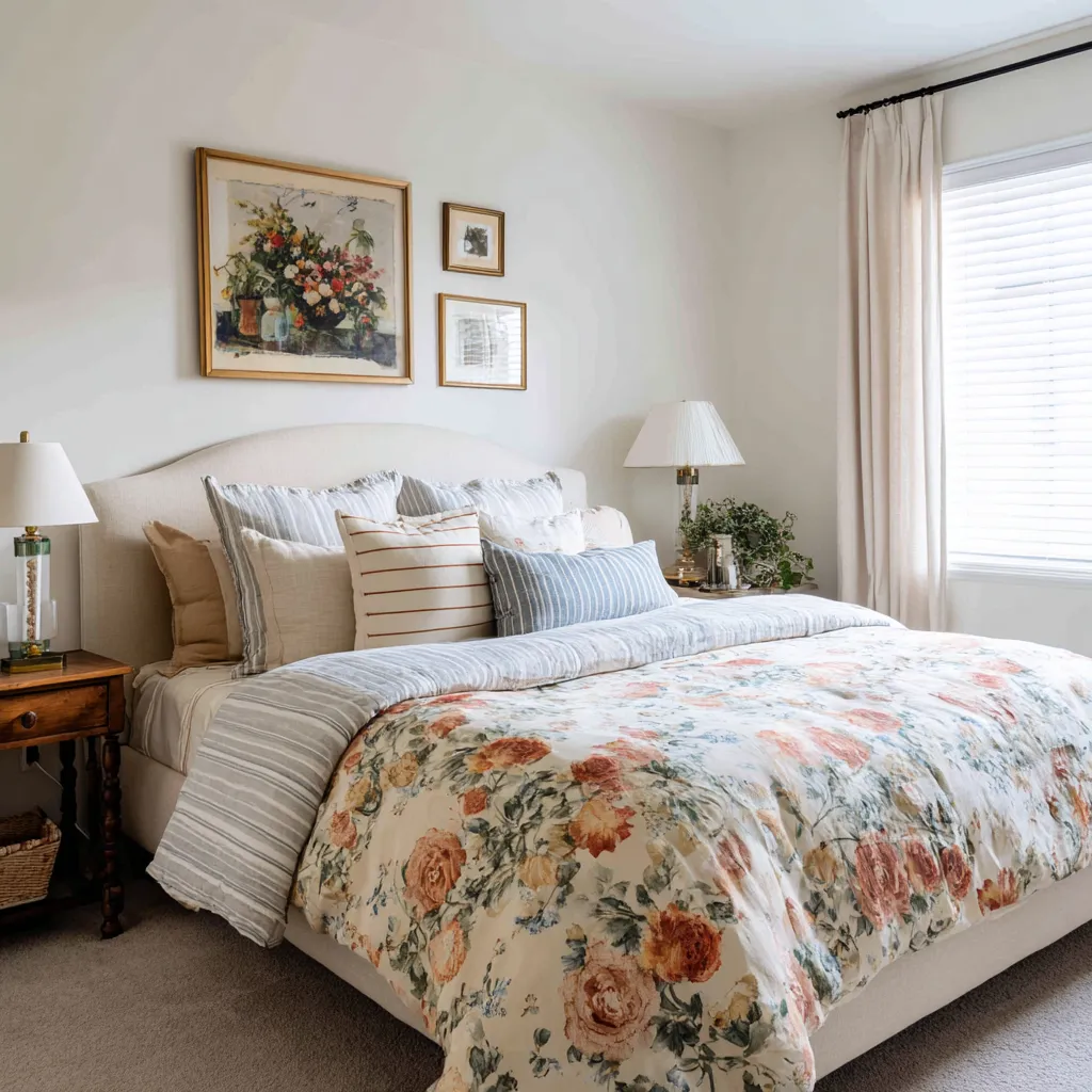 Cream-toned bedroom with a curved upholstered headboard, mixed floral and striped bedding Cream-toned bedroom with a curved upholstered headboard, mixed floral and striped bedding