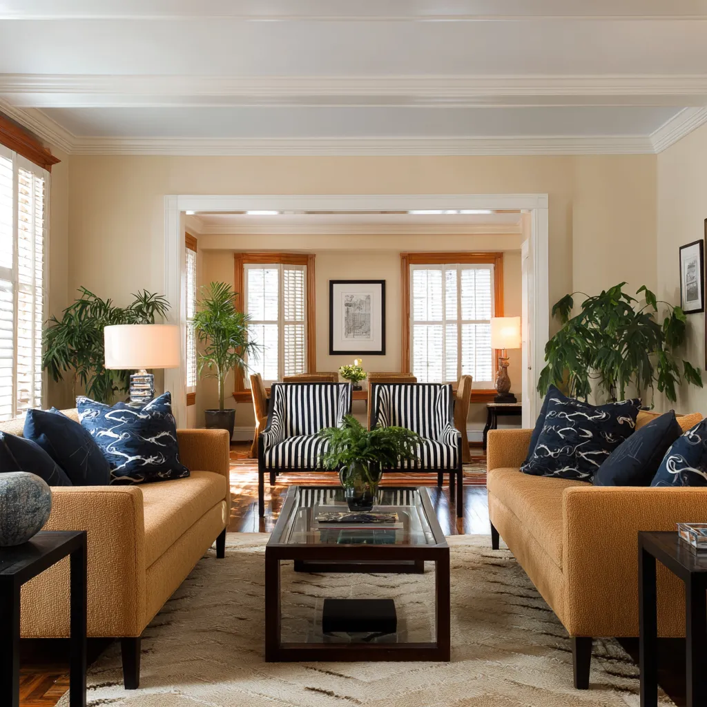 Creative Tropical British colonial living room design concept in a more enclosed traditional shell with shutters