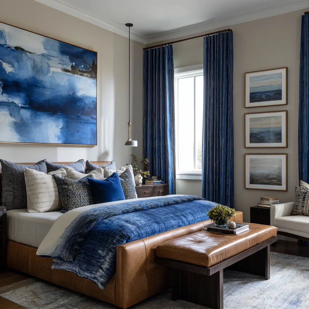 Creative eclectic bedroom with beige walls, an oversized cobalt abstract above a caramel leather bed, layered blue textiles, full-height blue drapery Creative eclectic bedroom with beige walls, an oversized cobalt abstract above a caramel leather bed, layered blue textiles, full-height blue drapery