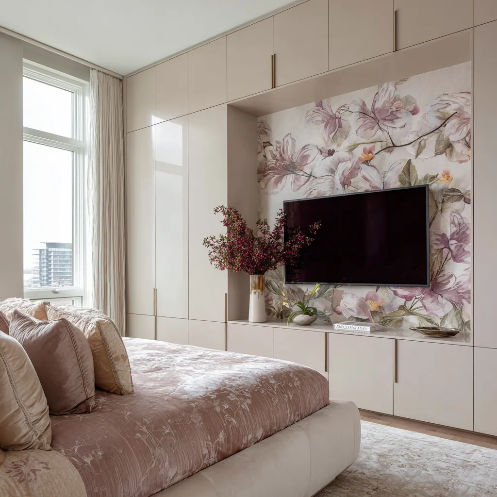 Custom millwork bedroom with cream-beige built-ins, a blush and lilac floral recess, black TV, rosy velvet bedding Custom millwork bedroom with cream-beige built-ins, a blush and lilac floral recess, black TV, rosy velvet bedding