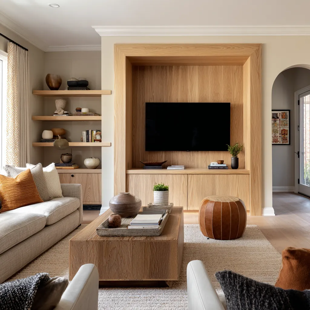 Danish-inspired family room design concept with an oversized oak media niche, open shelving, pale sofa Danish-inspired family room design concept with an oversized oak media niche, open shelving, pale sofa