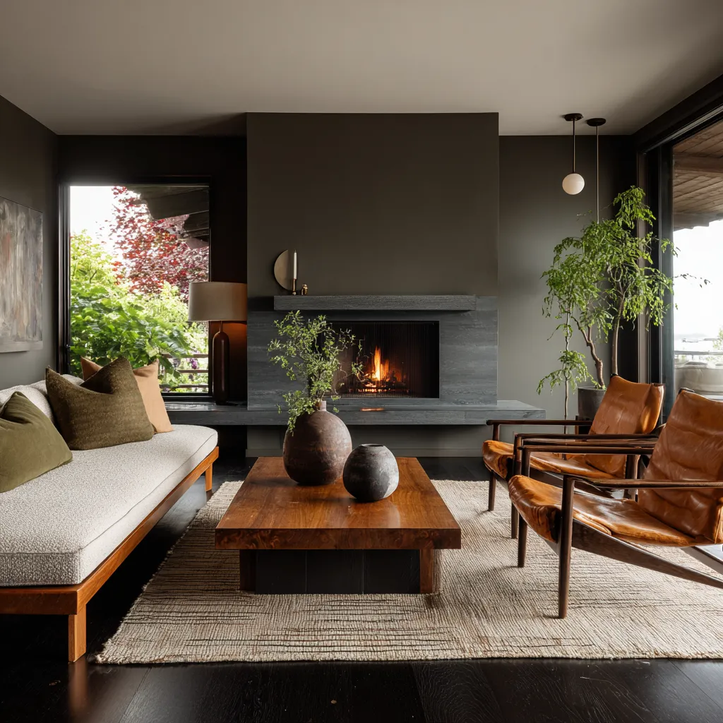 Dark Danish-inspired interior design concept with charcoal walls, deep stone fireplace, creamy sofa, leather lounge chairs Dark Danish-inspired interior design concept with charcoal walls, deep stone fireplace, creamy sofa, leather lounge chairs