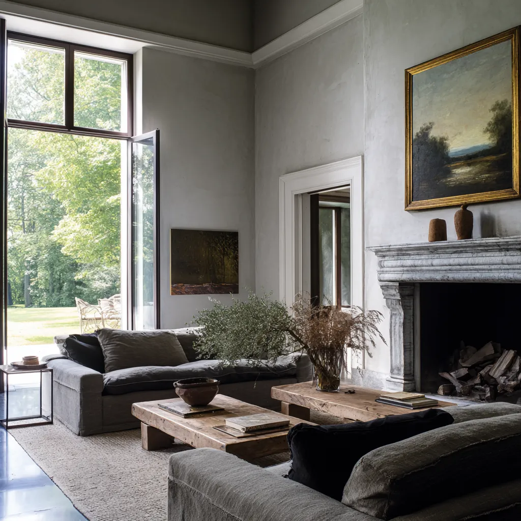 Dark English country old money living room decorating idea with an open glazed door to the lawn, gray plaster walls Dark English country old money living room decorating idea with an open glazed door to the lawn, gray plaster walls