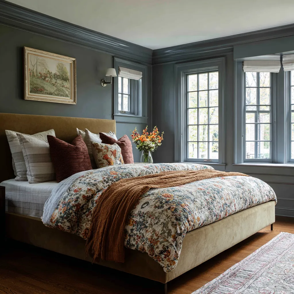Dark blue-gray bedroom with a warm upholstered bed, floral duvet, layered pillows, and a small wall sconce above the headboard Dark blue-gray bedroom with a warm upholstered bed, floral duvet, layered pillows, and a small wall sconce above the headboard