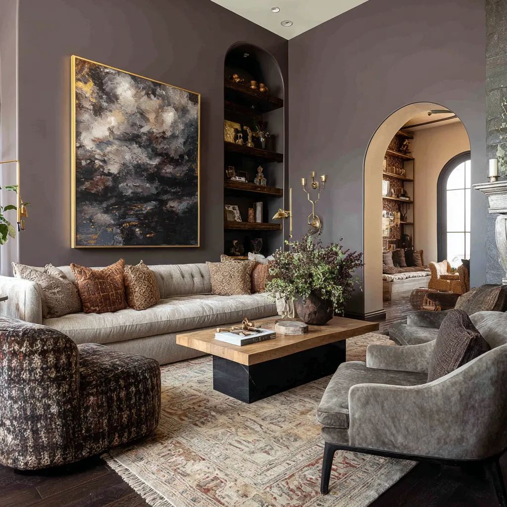 Dark boho maximalist living room with deep moody walls, oversized abstract artwork, pale sofa, vintage rug