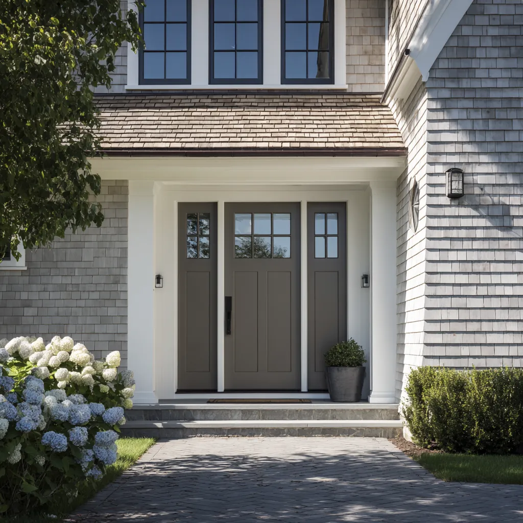 Dark mushroom-taupe main entrance design with integrated side panels and square divided lights inside a deep white surround Dark mushroom-taupe main entrance design with integrated side panels and square divided lights inside a deep white surround
