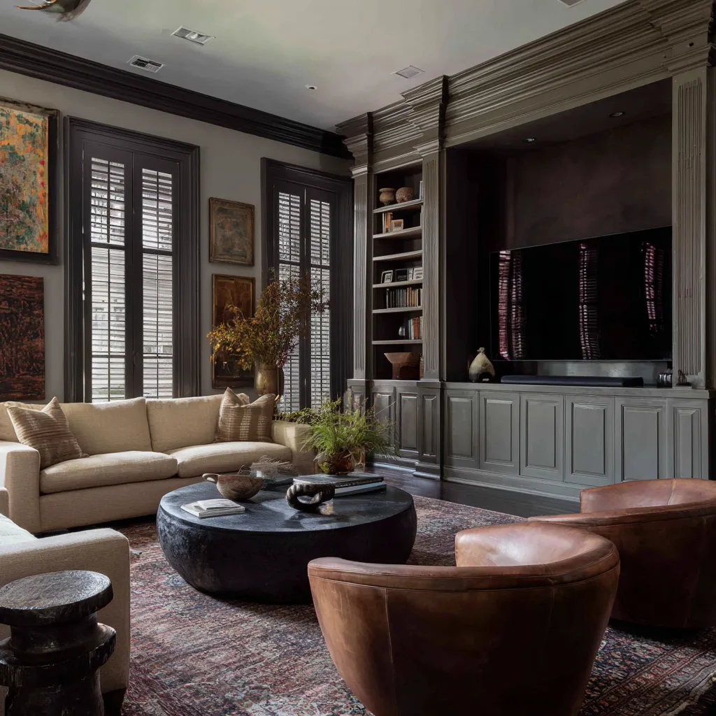 Dark paneled TV wall, shuttered light, and the moody formal-media version Dark paneled TV wall, shuttered light, and the moody formal-media version