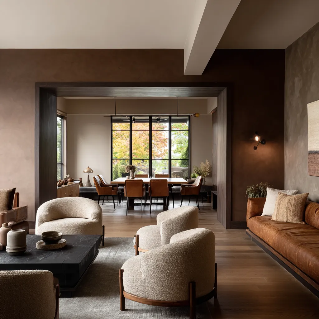Dark portal living room design concept with opening to the dining room