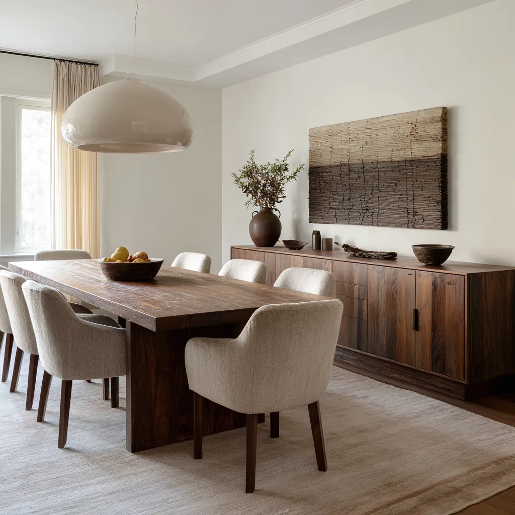 Darker coastal dining room interior design with a crackled abstract artwork, low dark credenza, dark wood table, creamy chairs Darker coastal dining room interior design with a crackled abstract artwork, low dark credenza, dark wood table, creamy chairs