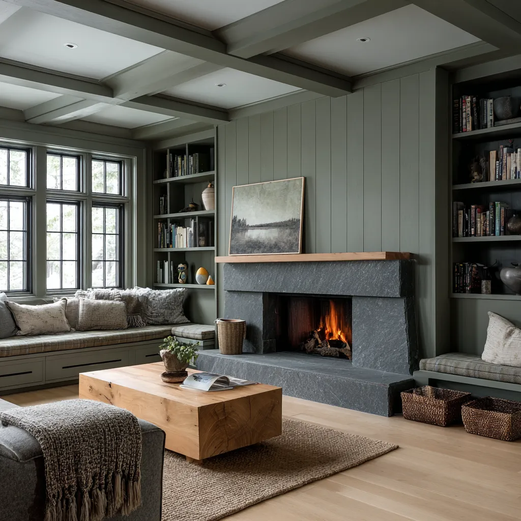 Deep Norwegian interior design concept with dark sage envelope, coffered ceiling, built-in benches, bookcases Deep Norwegian interior design concept with dark sage envelope, coffered ceiling, built-in benches, bookcases