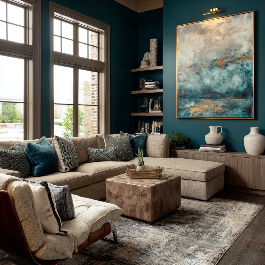 Deep teal living room with large abstract painting, pale sectional layered with mixed pillows, brown lounge chair, stone cube coffee table Deep teal living room with large abstract painting, pale sectional layered with mixed pillows, brown lounge chair, stone cube coffee table