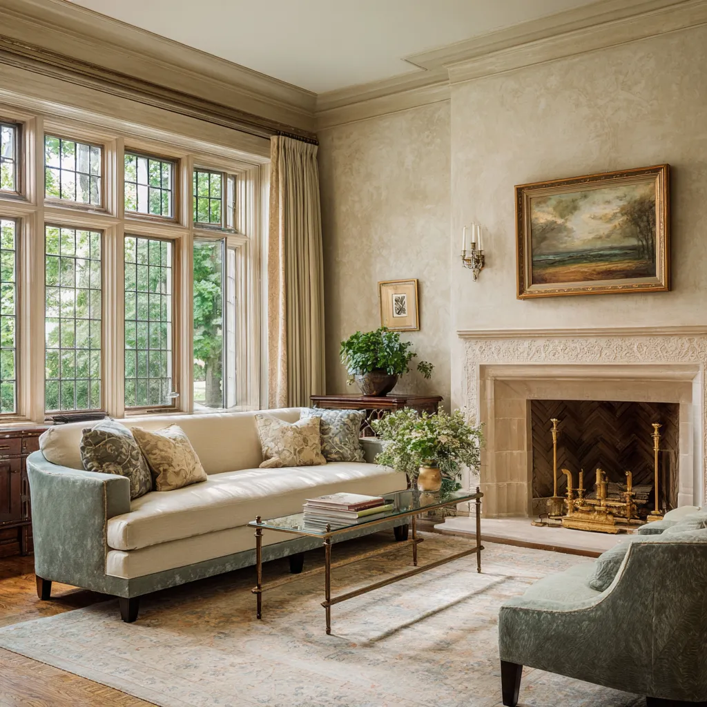 Design concept with leaded windows, carved mantel, faded green-blue upholstery, patterned rug Design concept with leaded windows, carved mantel, faded green-blue upholstery, patterned rug