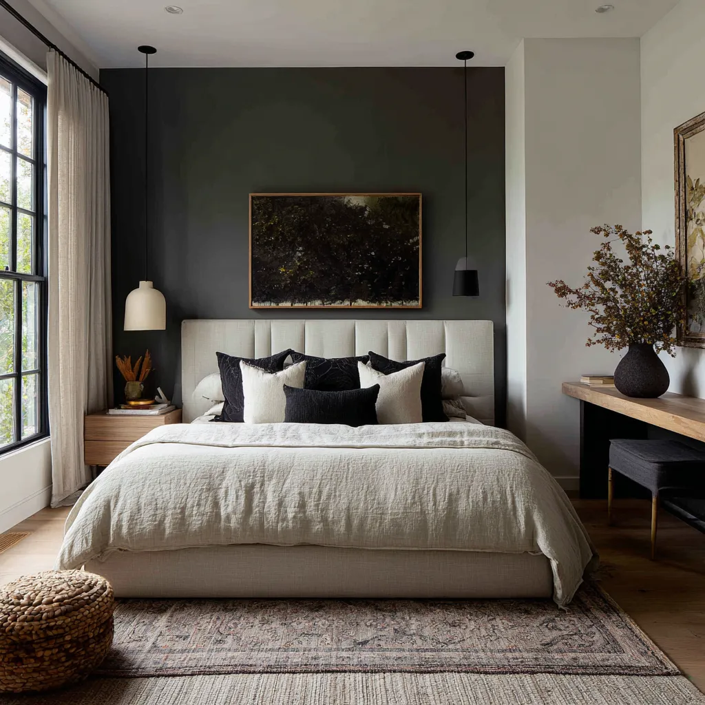 Design of bedroom with restrained end of eclectic maximalism, but it still belongs in the category because its richness is concentrated in contrast Design of bedroom with restrained end of eclectic maximalism, but it still belongs in the category because its richness is concentrated in contrast