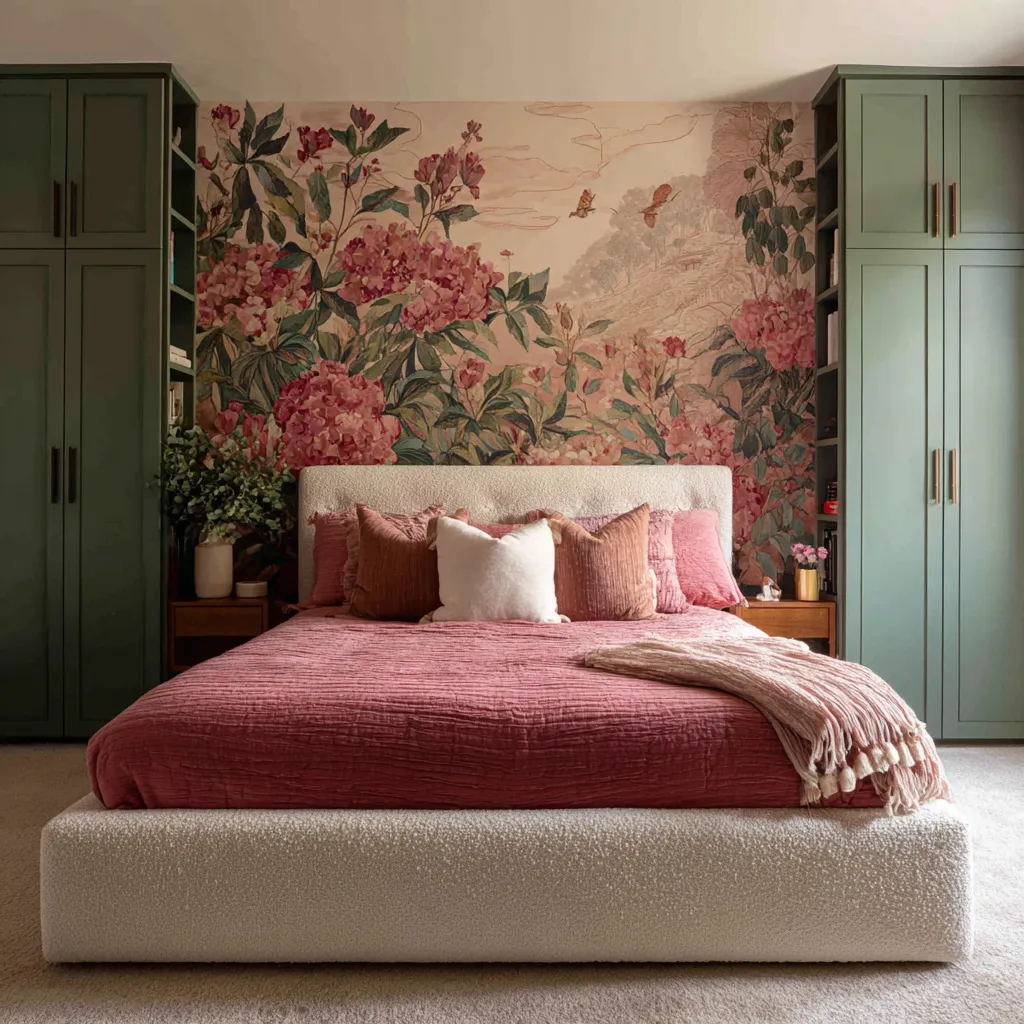 Disciplined pink maximalist bedroom design with pale built-ins, a blush floral wall panel behind the bed, framed abstract art Disciplined pink maximalist bedroom design with pale built-ins, a blush floral wall panel behind the bed, framed abstract art