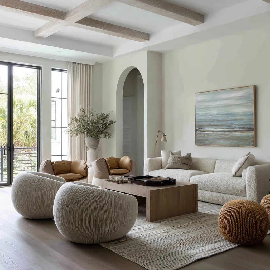 Distilled modern living room with pale timber beams, a tall black-framed opening, rounded cream sofa Distilled modern living room with pale timber beams, a tall black-framed opening, rounded cream sofa