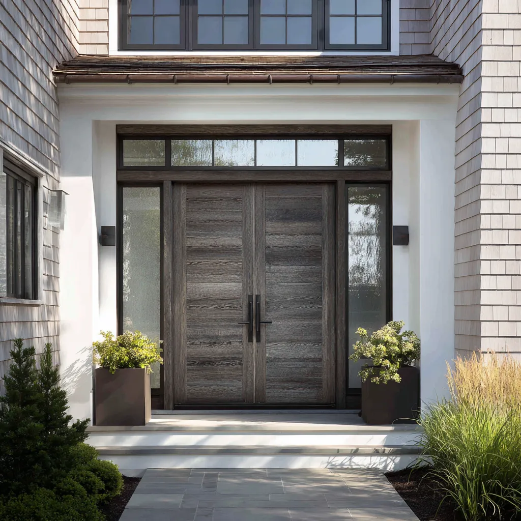 Double drifted-wood front doors concept with seeded-glass sidelights and transom inside a broad white recessed portal Double drifted-wood front doors concept with seeded-glass sidelights and transom inside a broad white recessed portal