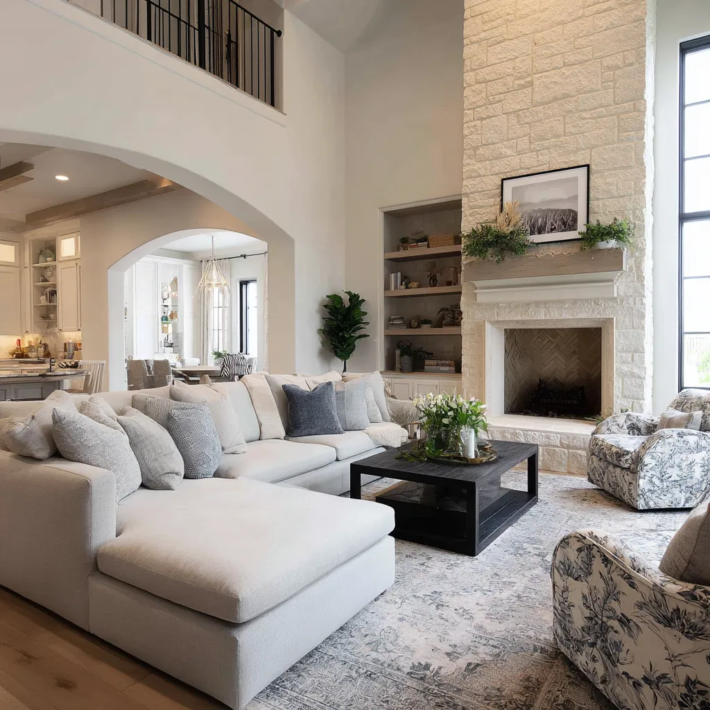 Double-height grandmillennial living room design with tall stone chimney, pale sectional, floral club chairs Double-height grandmillennial living room design with tall stone chimney, pale sectional, floral club chairs