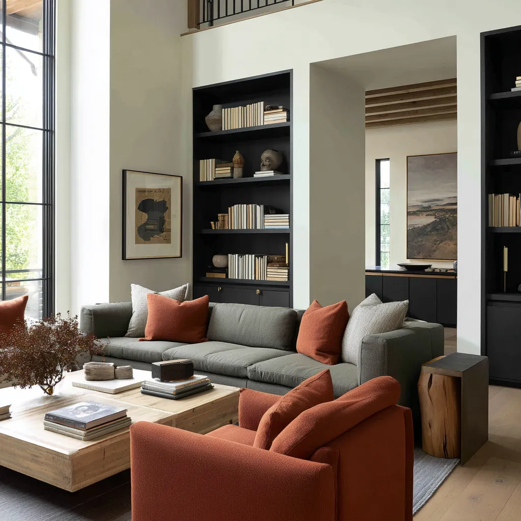 Double-height living room with black built-ins, tall black-framed window, gray sofa with rust pillows, pair of rust armchairs Double-height living room with black built-ins, tall black-framed window, gray sofa with rust pillows, pair of rust armchairs
