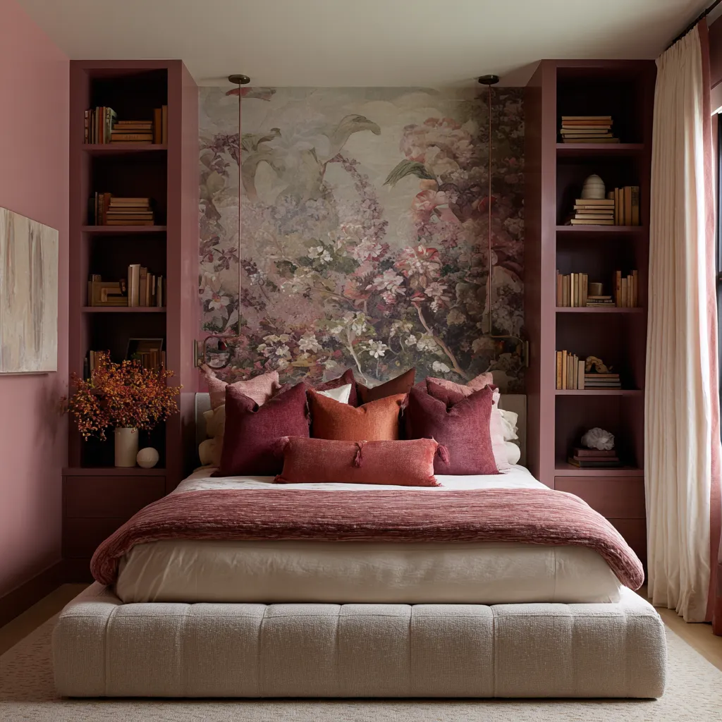 Dramatic pink maximalist bedroom with a smoky floral mural, deep rose-plum millwork, ivory bedding, burgundy and mulberry pillows Dramatic pink maximalist bedroom with a smoky floral mural, deep rose-plum millwork, ivory bedding, burgundy and mulberry pillows