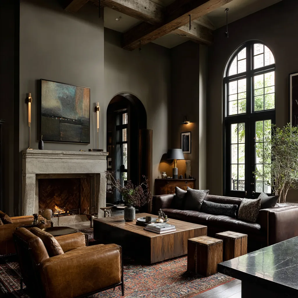 Dramatic vaulted New Orleans themed living room design with dark timber beams, tall black-framed arched window, pale stone fireplace Dramatic vaulted New Orleans themed living room design with dark timber beams, tall black-framed arched window, pale stone fireplace