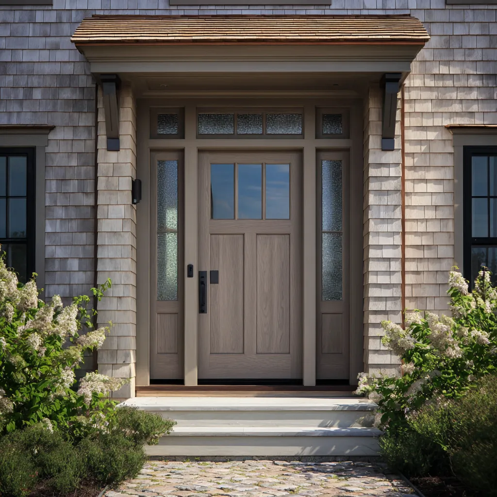 Drifted gray-brown wood main door idea with textured sidelights and a narrow textured transom band Drifted gray-brown wood main door idea with textured sidelights and a narrow textured transom band