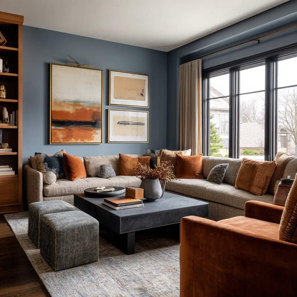 Dusty blue maximalist living room with greige sectional, rust lounge chair, black square coffee table, layered blue and terracotta pillows Dusty blue maximalist living room with greige sectional, rust lounge chair, black square coffee table, layered blue and terracotta pillows