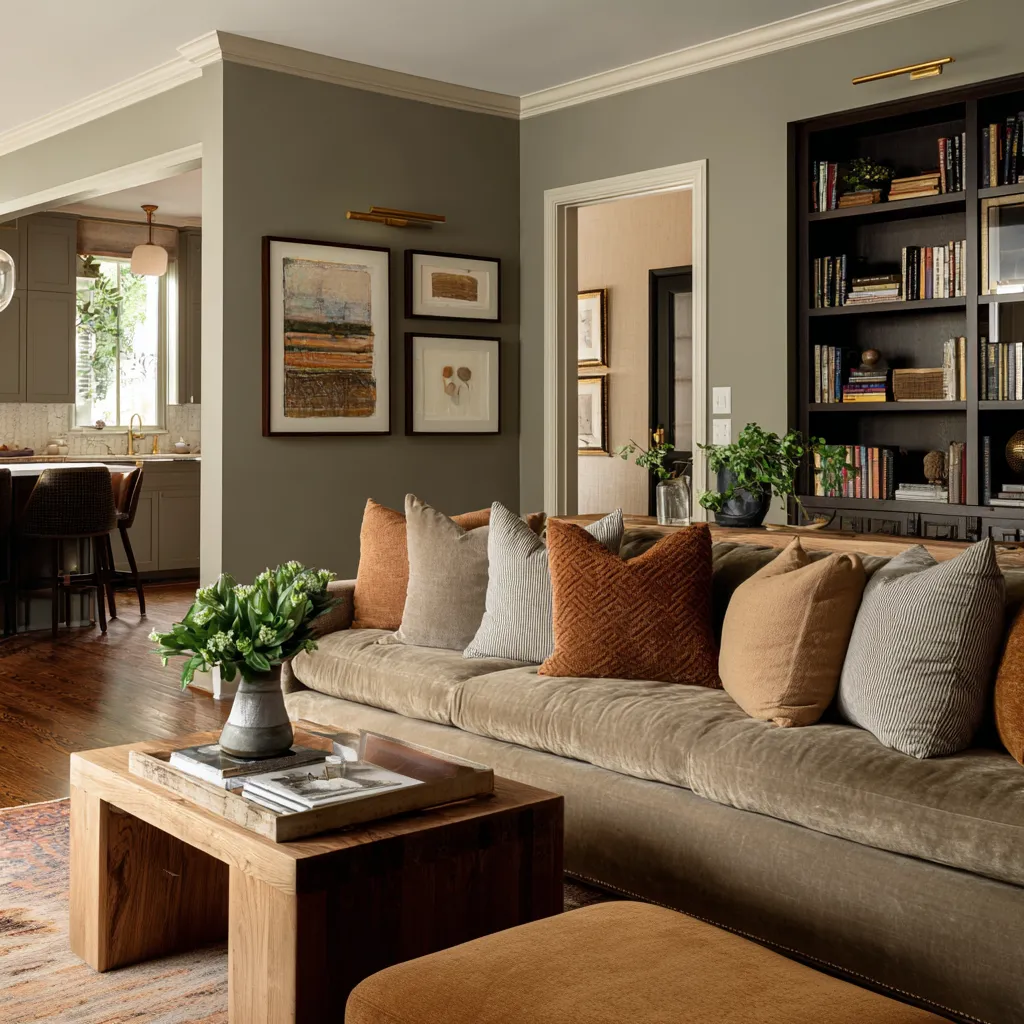 Earth-toned living room with olive-gray walls, long taupe sofa, dense rust and camel pillow layering, chunky wood coffee table Earth-toned living room with olive-gray walls, long taupe sofa, dense rust and camel pillow layering, chunky wood coffee table