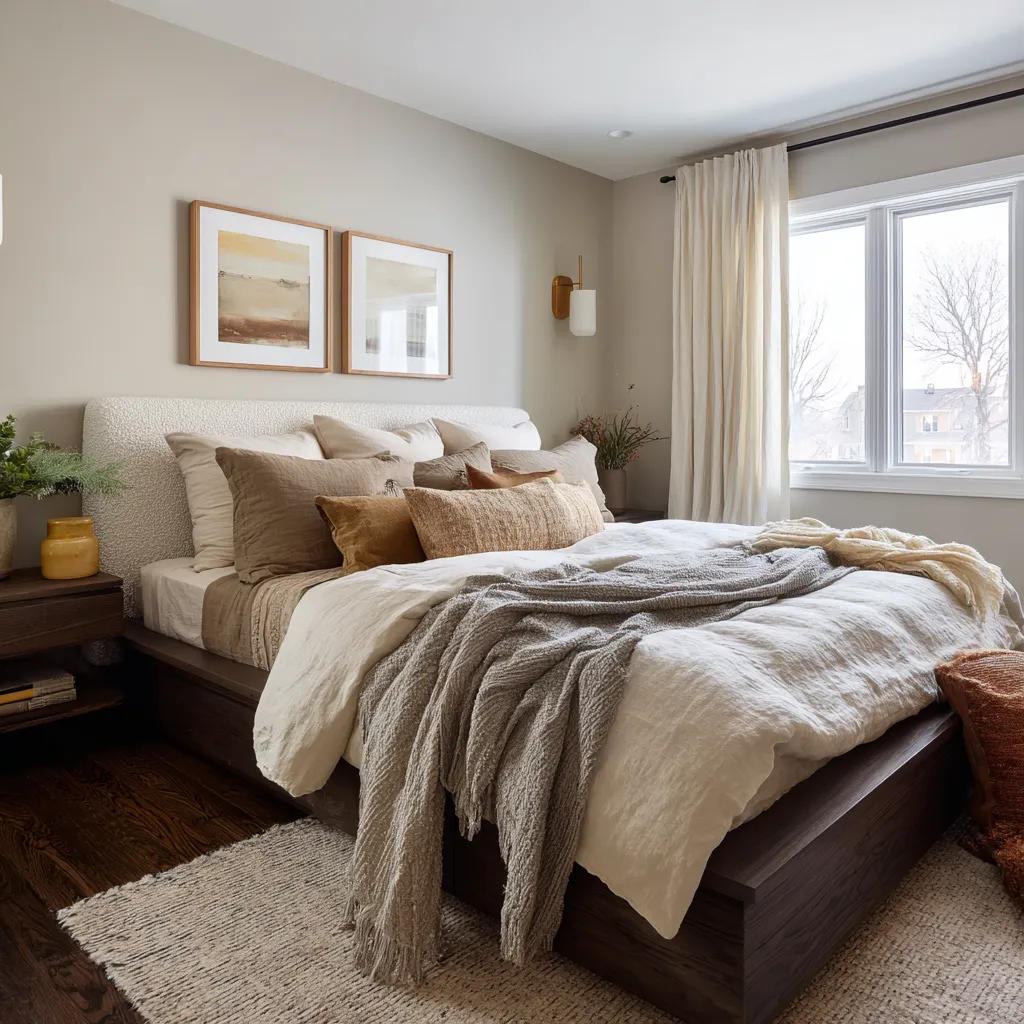 Earthy bedroom with a centered upholstered bed, layered taupe and clay-brown pillows, a gray throw spilling over the foot Earthy bedroom with a centered upholstered bed, layered taupe and clay-brown pillows, a gray throw spilling over the foot