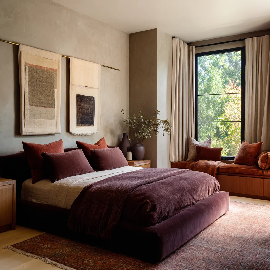 Earthy bedroom with parchment-and-clay plaster walls, two suspended textile panels above a very low aubergine bed Earthy bedroom with parchment-and-clay plaster walls, two suspended textile panels above a very low aubergine bed