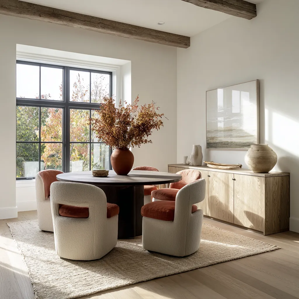 Earthy coastal dining room interior design with exposed aged beams, a dark round table, creamy chairs with rust-toned seats Earthy coastal dining room interior design with exposed aged beams, a dark round table, creamy chairs with rust-toned seats