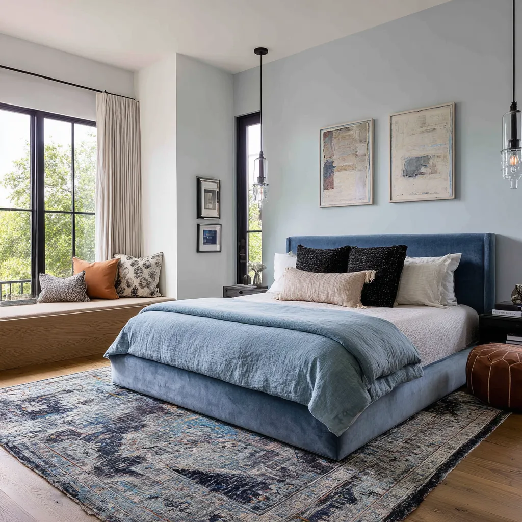 Eclectic maximalist bedroom ideas with pale blue envelope, upholstered blue bed, window seat, mixed pillows, and washed vintage rug Eclectic maximalist bedroom ideas with pale blue envelope, upholstered blue bed, window seat, mixed pillows, and washed vintage rug